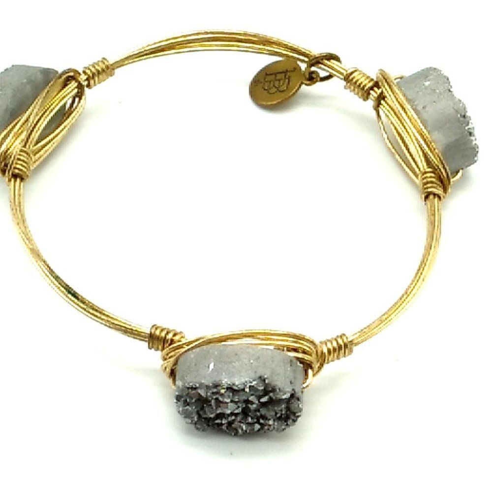 Bourbon and Boweties The HARDY 3 Druzy Quartz Stones Gold Plated Bangle Bracelet